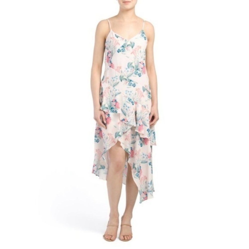 Parker Angled Hem Floral Asymmetrical Midi Spaghetti Strap Dress